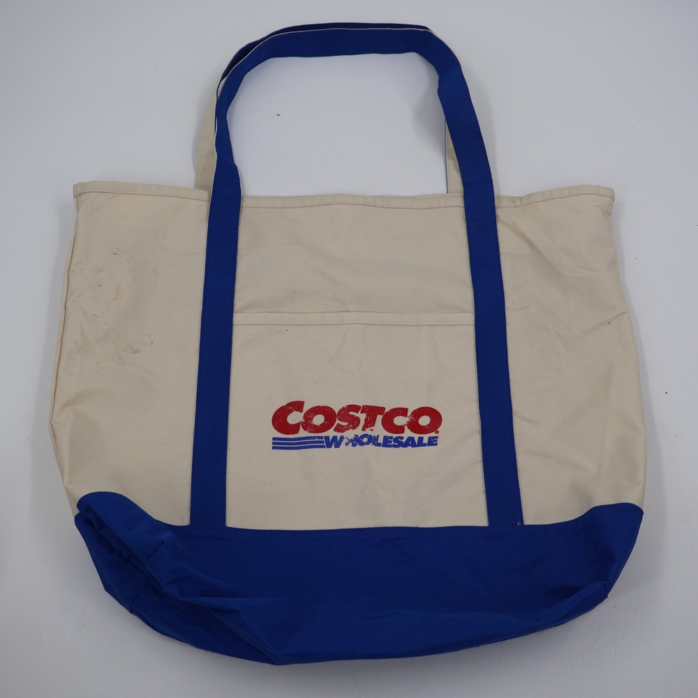 Costco Wholesale Tote Bag Unisex Large Cream Blue Canvas Vintage Logo Pocket